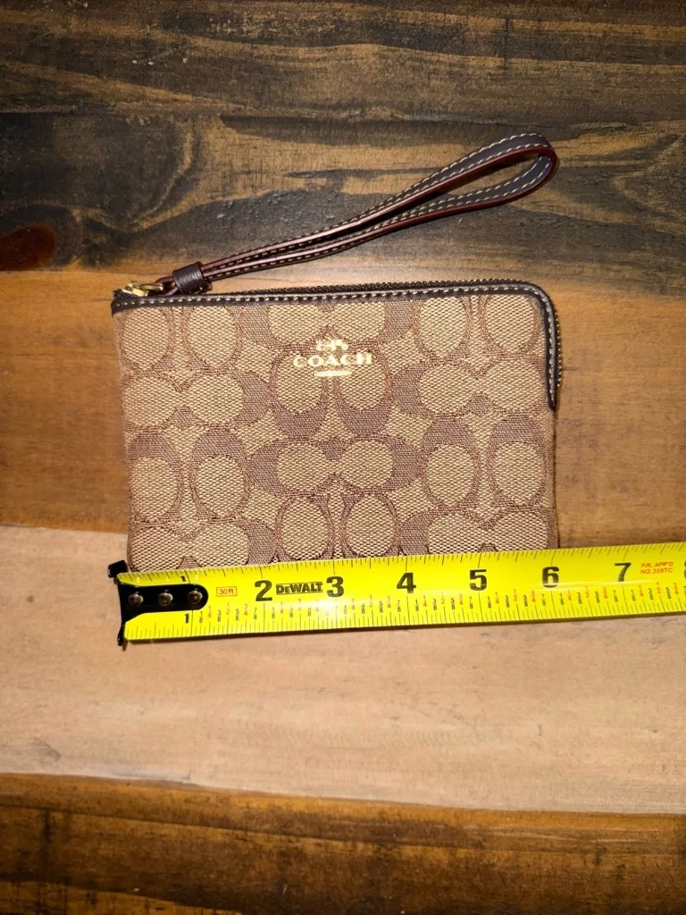 Coach Brown Wristlet Wallet with Logo and Zipper, Women's Designer Classic